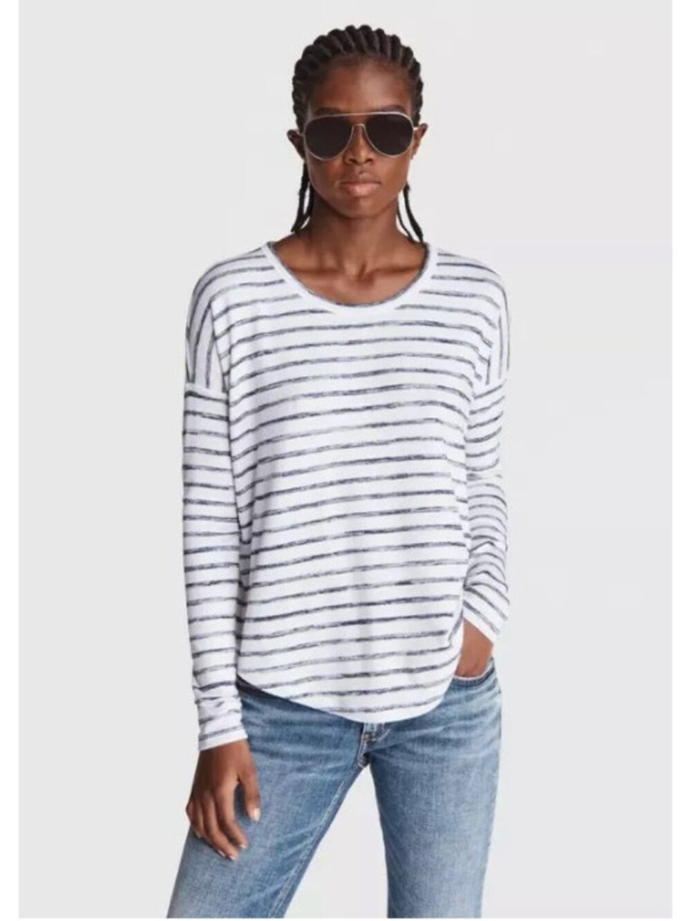 Rag & Bone Knit Striped Long Sleeve Tee Womens M Gray White Drapey Fit